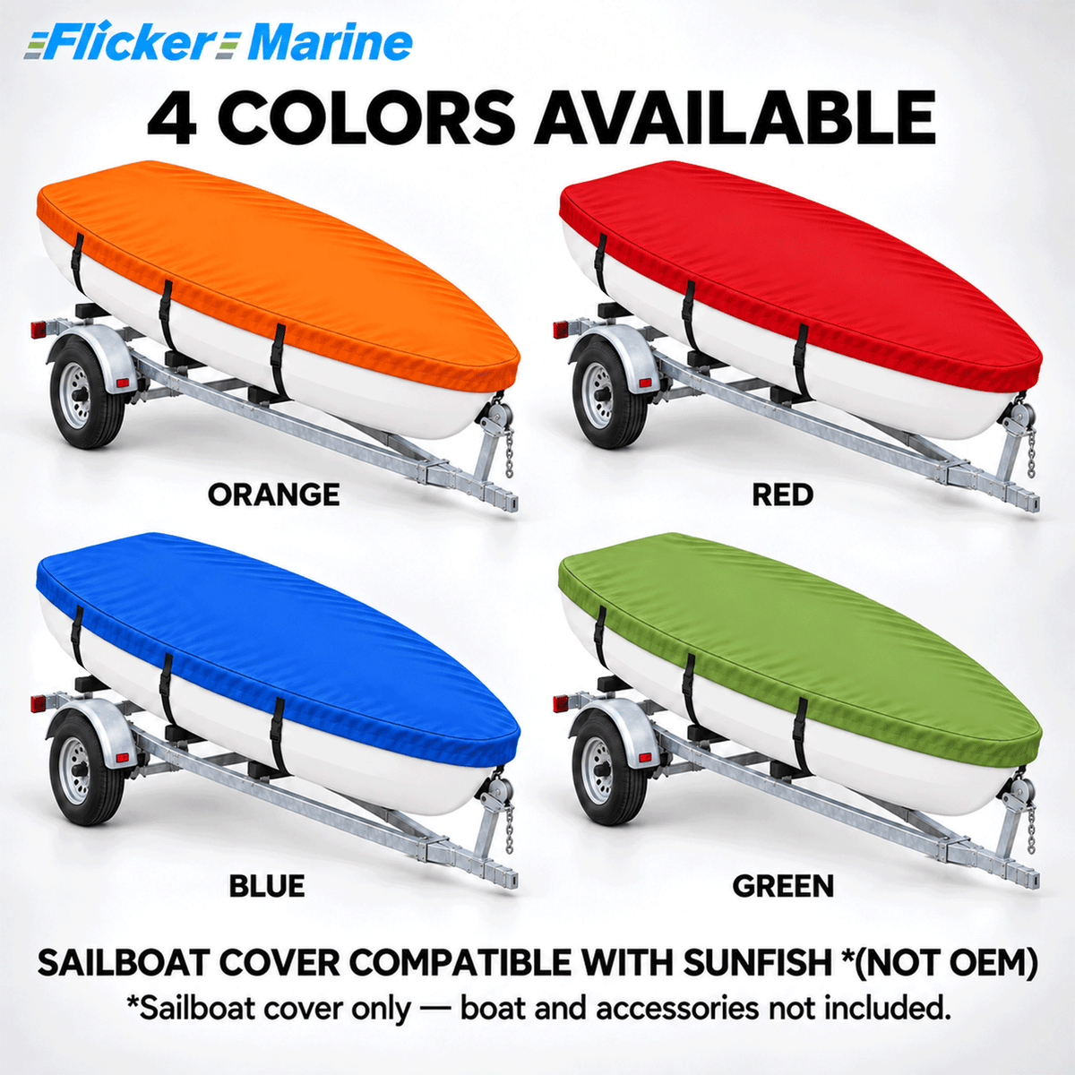 Flicker Sailboat Cover Compatible With Sunfish, Heavy Duty Waterproof UV Resistant Dinghy Boat Cover With Adjustable Buckle Straps, Available in 4 colors