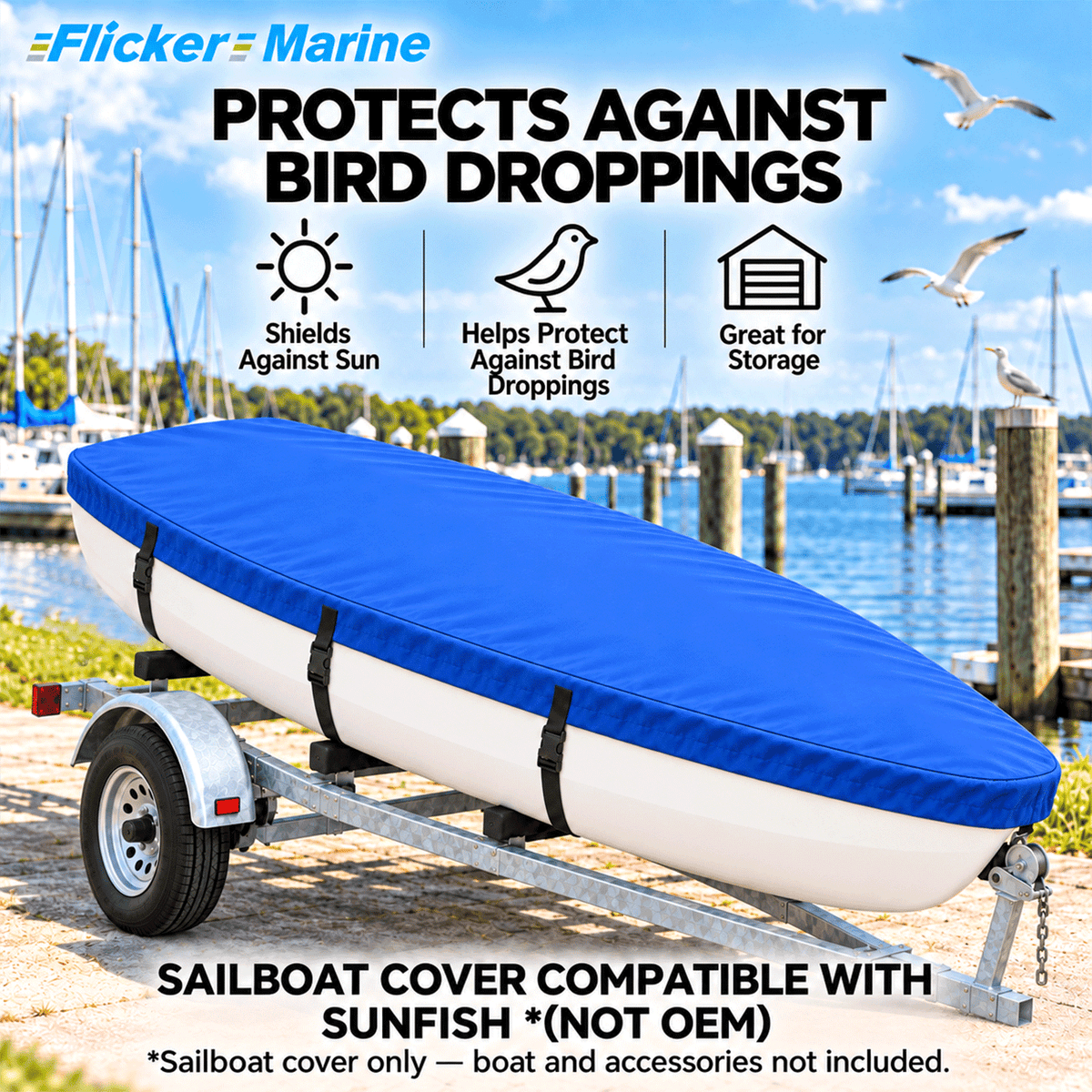 Flicker Sailboat Cover Compatible With Sunfish, Heavy Duty Waterproof UV Resistant Dinghy Boat Cover With Adjustable Buckle Straps, Available in 4 colors