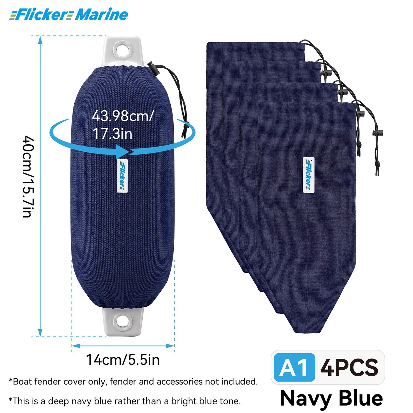 Acrylic Boat Fender Cover, Marine Fender Protector Sleeve, 3 Sizes, Royal Blue & Navy Blue, 2/4 Pack