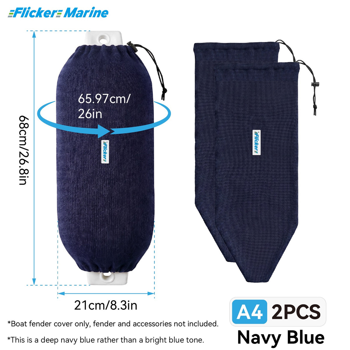Acrylic Boat Fender Cover, Marine Fender Protector Sleeve, 3 Sizes, Royal Blue & Navy Blue, 2/4 Pack