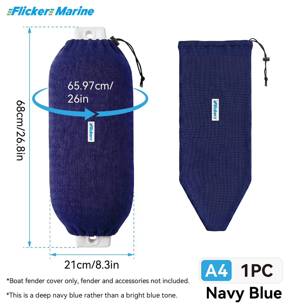 Acrylic Boat Fender Cover, Marine Fender Protector Sleeve, 3 Sizes, Royal Blue & Navy Blue, 2/4 Pack