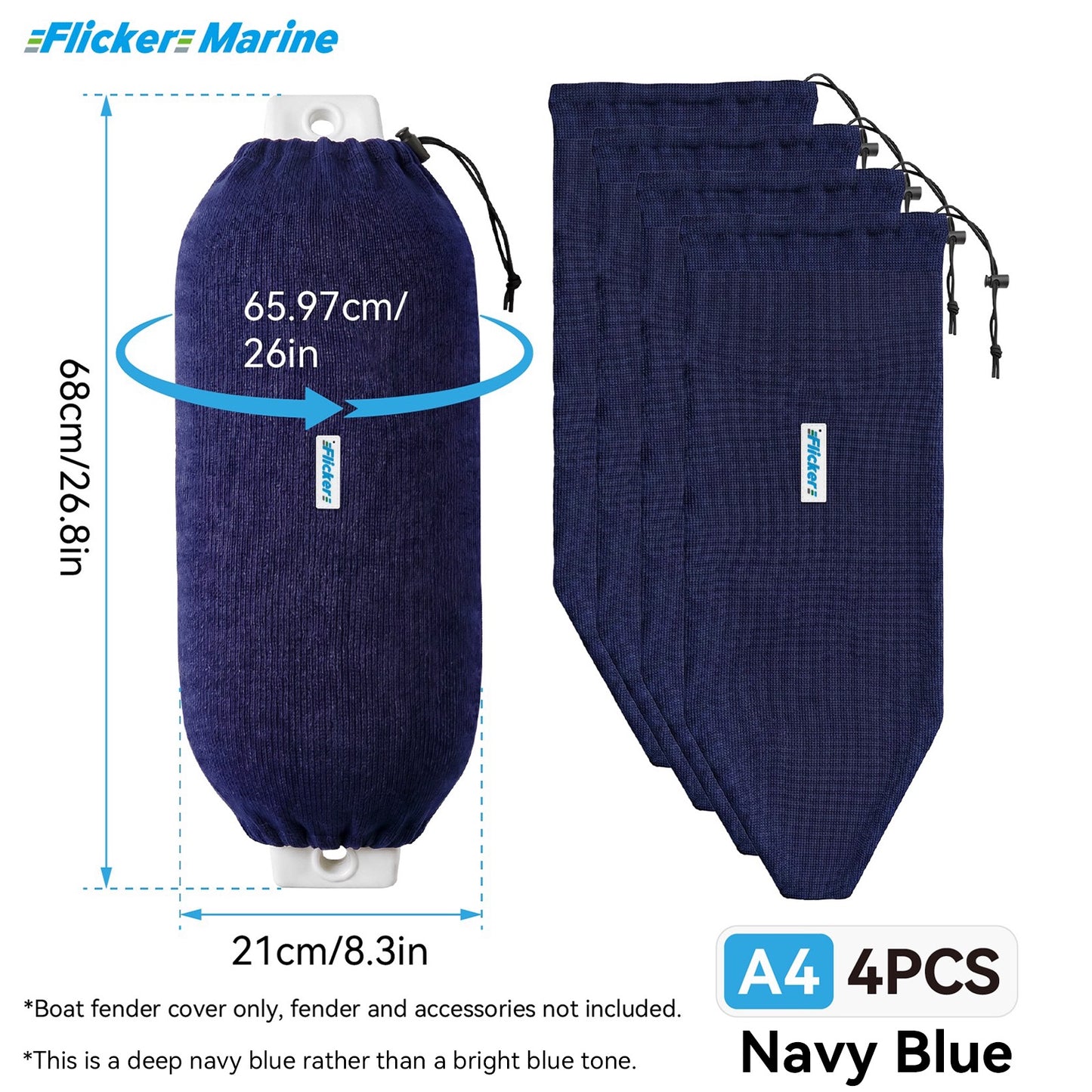 Acrylic Boat Fender Cover, Marine Fender Protector Sleeve, 3 Sizes, Royal Blue & Navy Blue, 2/4 Pack