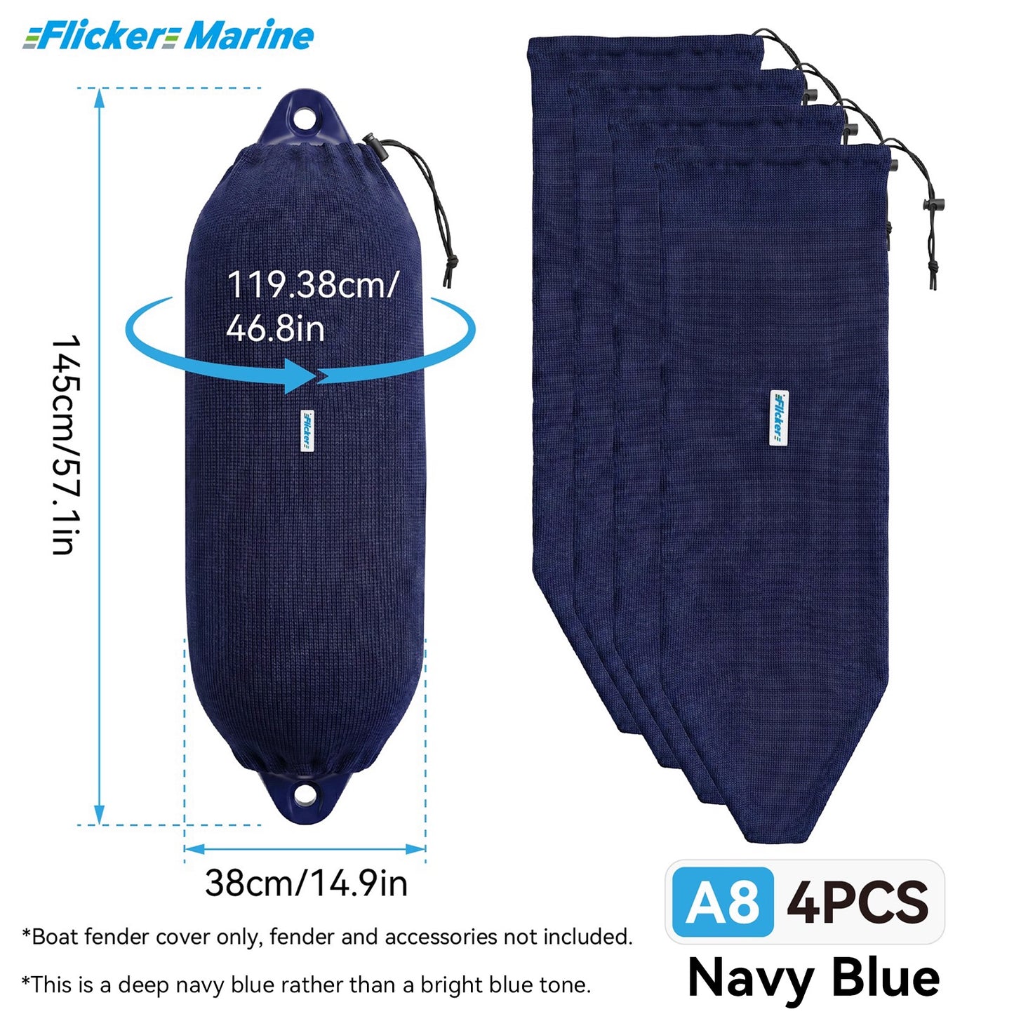 Acrylic Boat Fender Cover, Marine Fender Protector Sleeve, 3 Sizes, Royal Blue & Navy Blue, 2/4 Pack